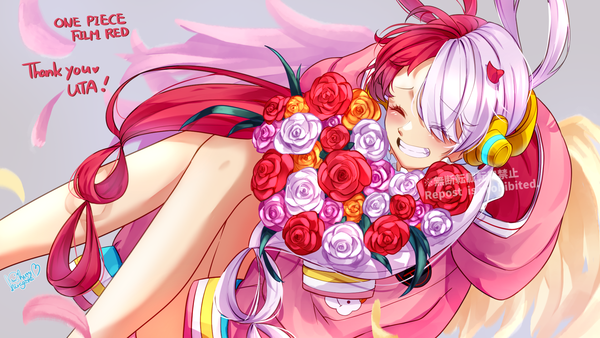 Anime picture 1920x1080 with one piece one piece: film red toei animation uta (one piece) hiragana sherry single long hair highres smile wide image signed silver hair red hair eyes closed multicolored hair two-tone hair copyright name grin ^ ^ thank you