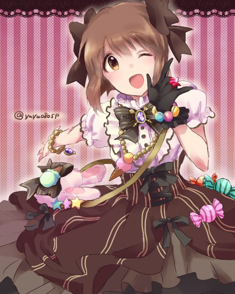 Anime picture 1280x1600 with idolmaster idolmaster cinderella girls hagiwara yukiho yoshiyoshi (yuyu0805p) single tall image blush short hair open mouth brown hair brown eyes one eye closed wink girl dress bow hair bow bracelet candy single glove