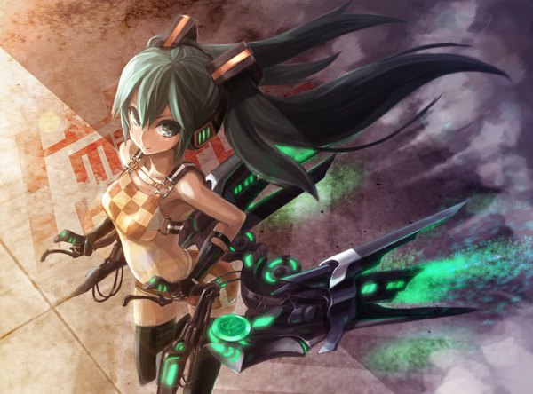 Anime picture 1000x740 with vocaloid hatsune miku yato (pondel) single long hair twintails green eyes green hair midriff amputee futuristic girl gloves elbow gloves headphones power lines