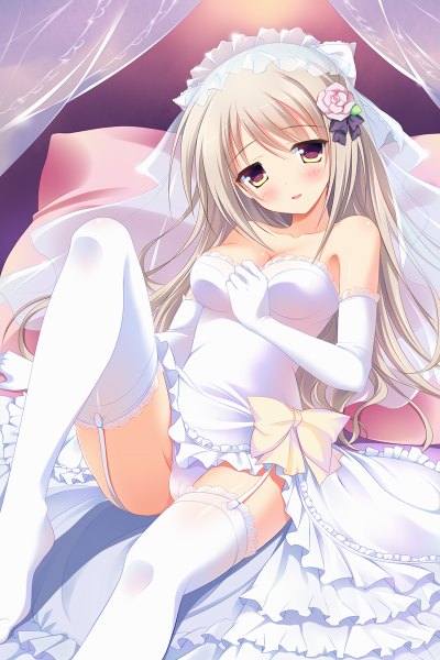 Anime picture 800x1200 with priministar enamori senri bashen chenyue single long hair tall image looking at viewer blush open mouth light erotic yellow eyes white hair hair flower girl thighhighs dress gloves hair ornament underwear panties