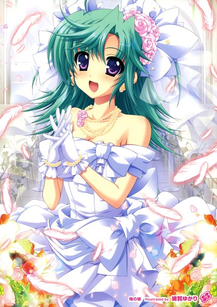 Anime picture 2544x3600 with girls, girls, girls! 11 (artbook) higa yukari single long hair tall image looking at viewer blush highres open mouth purple eyes green hair scan official art wedding girl dress gloves flower (flowers) white gloves feather (feathers)