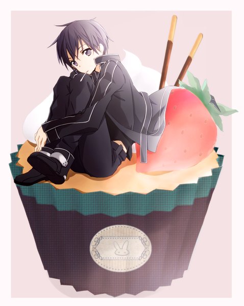 Anime picture 1000x1255 with sword art online a-1 pictures kirigaya kazuto tsukimori usako single tall image looking at viewer short hair black hair sitting black eyes border pink background boy food sweets berry (berries) strawberry pocky cupcake