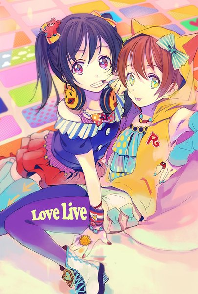 Anime picture 750x1110 with love live! school idol project sunrise (studio) love live! yazawa nico hoshizora rin ame yamori long hair tall image looking at viewer short hair black hair brown hair sitting purple eyes twintails bare shoulders multiple girls green eyes nail polish finger to mouth