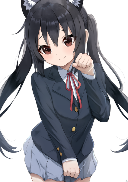 Anime picture 2480x3508 with k-on! kyoto animation nakano azusa aftamc single long hair tall image looking at viewer fringe highres black hair simple background smile hair between eyes white background twintails brown eyes animal ears cat ears paw pose