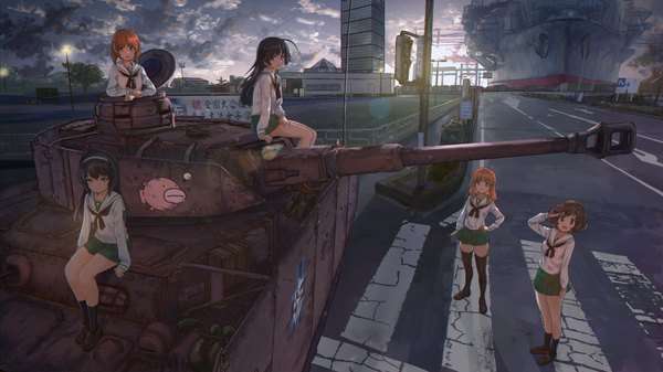 Anime picture 1920x1080 with girls und panzer nishizumi miho akiyama yukari takebe saori reizei mako isuzu hana genso long hair looking at viewer fringe highres short hair open mouth black hair smile hair between eyes brown hair wide image sitting multiple girls