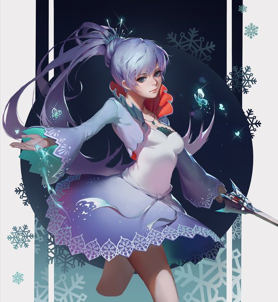 Anime-Bild 1654x1800 mit rwby rooster teeth weiss schnee pauld single long hair tall image looking at viewer blue eyes silver hair ponytail sparkle spread arms girl dress weapon sword pendant insect butterfly
