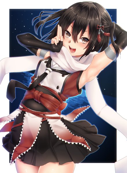 Anime picture 700x954 with kantai collection sendai light cruiser keita (tundereyuina) single tall image looking at viewer blush short hair open mouth black hair brown eyes teeth armpit (armpits) two side up girl gloves detached sleeves necktie fingerless gloves obi