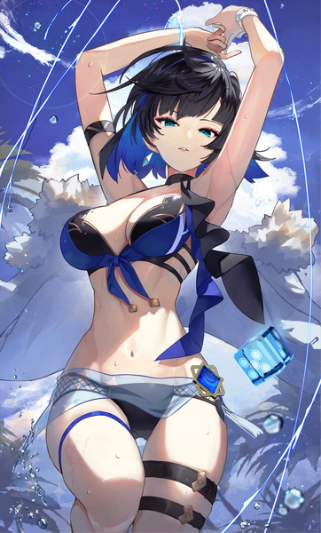 Anime picture 1510x2500 with genshin impact yelan (genshin impact) scottie (phantom2) single tall image looking at viewer fringe short hair breasts light erotic black hair large breasts standing blue hair sky cloud (clouds) outdoors parted lips multicolored hair aqua eyes