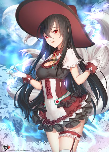 Anime picture 720x1004 with original kyjsogom single long hair tall image looking at viewer fringe breasts black hair hair between eyes red eyes standing signed cleavage tail night short sleeves watermark multiple tails girl