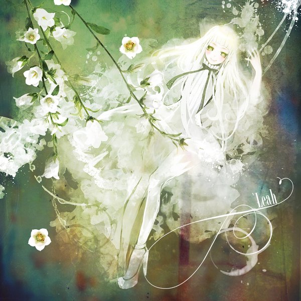 Anime picture 1300x1300 with original rea-sama duca single long hair smile green eyes white hair legs girl flower (flowers) ribbon (ribbons) plant (plants) shoes