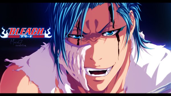 Anime picture 1124x633 with bleach studio pierrot grimmjow jeagerjaques eroishi single short hair open mouth blue eyes smile wide image blue hair inscription coloring torn clothes close-up face espada boy blood mask
