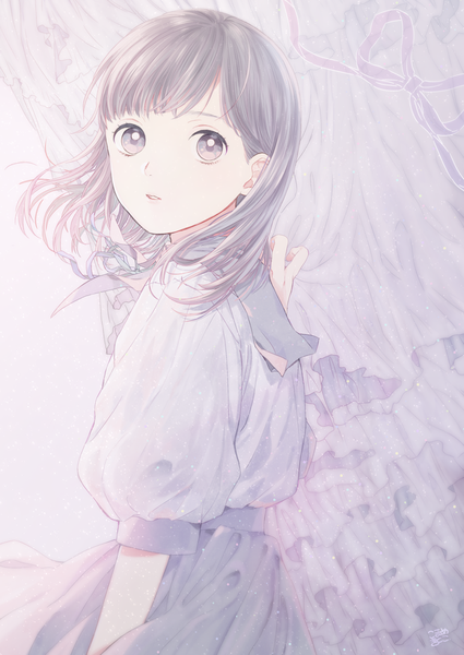 Anime picture 752x1062 with original mosuko single long hair tall image fringe upper body grey hair grey eyes puffy sleeves turning head girl skirt