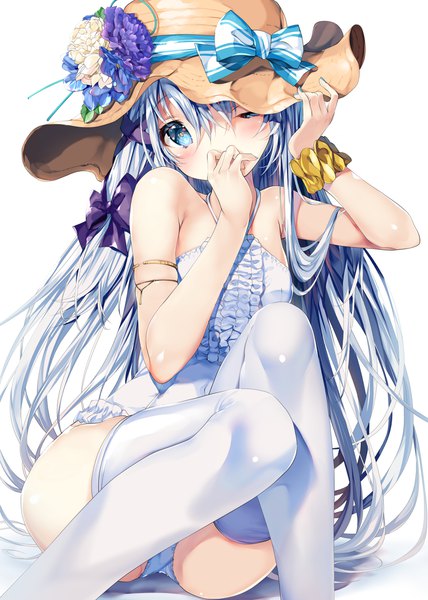 Anime picture 1488x2088 with seirei tsukai no blade dance terminus est shimesaba kohada single long hair tall image looking at viewer fringe blue eyes light erotic simple background hair between eyes white background silver hair one eye closed covered mouth halterneck adjusting hat wrist scrunchie tress ribbon