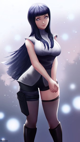 Anime-Bild 900x1600 mit naruto studio pierrot naruto (series) hyuuga hinata mcdobo single long hair tall image looking at viewer fringe breasts simple background smile large breasts standing bare shoulders signed payot purple hair blunt bangs