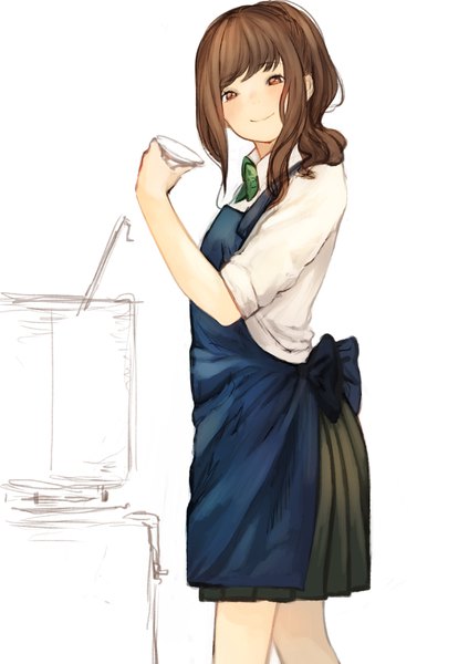 Anime picture 2480x3508 with original ikoan single long hair tall image looking at viewer fringe highres simple background smile brown hair standing white background holding brown eyes payot ponytail pleated skirt sketch cooking