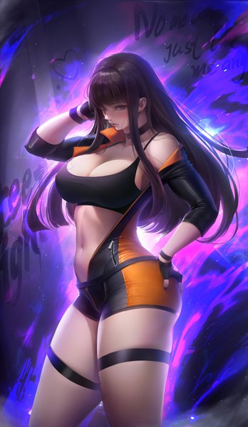 Anime-Bild 1740x3000 mit dungeon and fighter female brawler (dungeon and fighter) flute (artist) single long hair tall image looking at viewer blush highres breasts light erotic brown hair large breasts standing bare shoulders brown eyes cleavage arm up off shoulder hand on hip