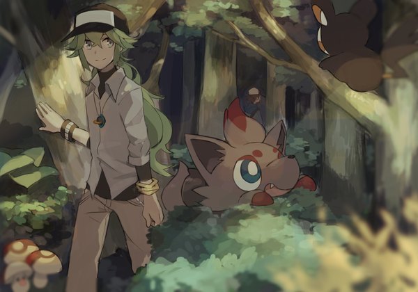 Anime picture 1000x700 with pokemon pokemon black and white nintendo n (pokemon) hilbert (pokemon) emolga zorua foongus linaria (ookinahitomi) long hair short hair smile brown hair green eyes looking away green hair gen 5 pokemon boy plant (plants) animal