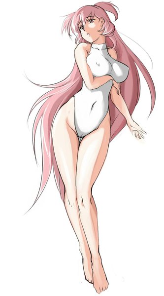 Anime picture 1030x1854 with original saruasu single tall image light erotic simple background white background pink hair very long hair pink eyes girl swimsuit one-piece swimsuit white swimsuit