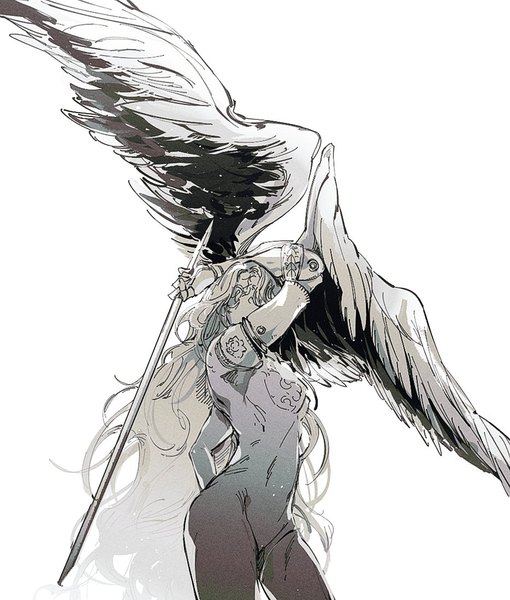 Anime-Bild 934x1098 mit elden ring malenia blade of miquella malenia goddess of rot timnehparrot single long hair tall image simple background standing white background arm up monochrome no face girl weapon wings blade