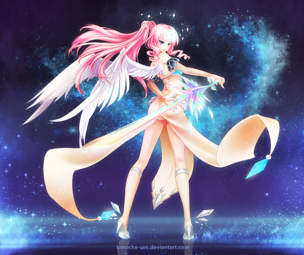 Anime picture 950x800 with original divinity (divine-illuminance) zenithomocha single long hair looking at viewer open mouth blue eyes light erotic smile standing bare shoulders pink hair ass legs back angel wings space girl wings