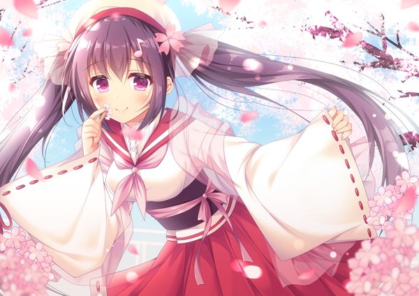Anime picture 1023x724 with original fujikura ryuune single long hair looking at viewer blush fringe smile hair between eyes purple eyes twintails payot purple hair traditional clothes japanese clothes leaning leaning forward cherry blossoms sailor collar spring