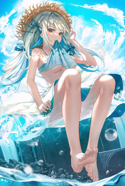 Anime picture 1216x1800 with original ruda (ruda e) single long hair tall image looking at viewer blush fringe breasts blue eyes light erotic large breasts sitting twintails holding payot sky cloud (clouds) full body bent knee (knees)