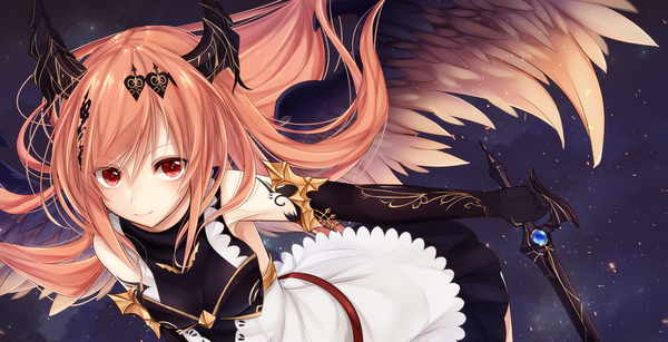 Anime picture 1600x821 with shingeki no bahamut dark angel olivia kirbyffcc single long hair looking at viewer red eyes wide image horn (horns) from above orange hair girl weapon sword wings