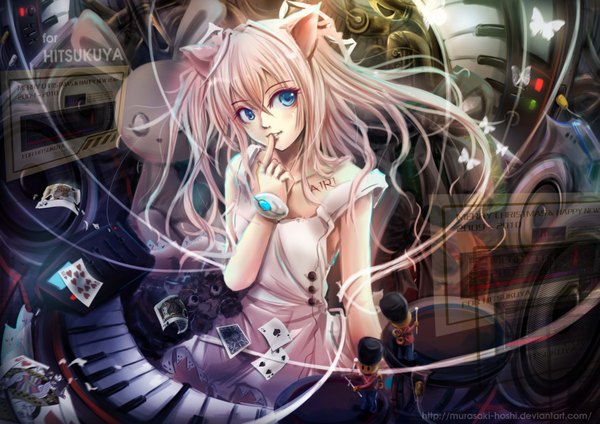 Anime picture 3507x2480 with alice in wonderland original murasaki-hoshi long hair highres blue eyes blonde hair animal ears absurdres cat girl music girl animal insect butterfly cat toy card (cards) speakers