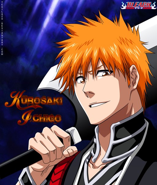 Anime picture 3415x4000 with bleach studio pierrot kurosaki ichigo tekilazo single tall image highres short hair smile brown eyes absurdres japanese clothes orange hair inscription coloring portrait face vector boy weapon