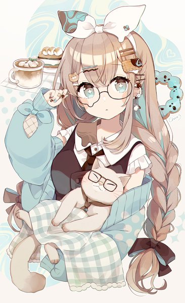 Anime picture 1575x2585 with original chon (chon33v) single long hair tall image looking at viewer blush fringe simple background brown hair white background braid (braids) multicolored hair arm up aqua eyes fingernails off shoulder two-tone hair twin braids polka dot