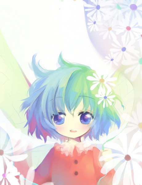Anime picture 1000x1300 with original yukizakura (neon-neon) single tall image looking at viewer blush short hair open mouth blue eyes white background green hair fairy girl flower (flowers) wings