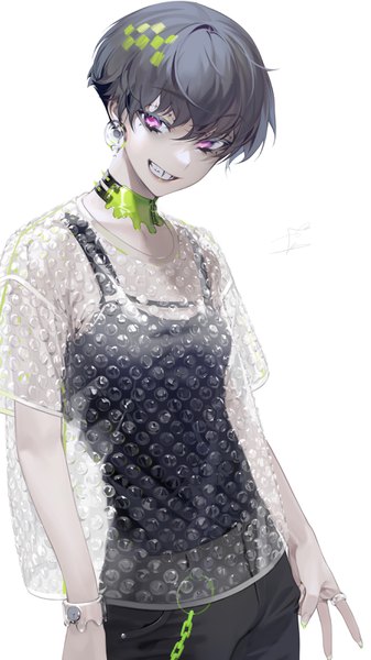 Anime picture 1787x3177 with original ohisashiburi single tall image looking at viewer fringe highres short hair simple background smile hair between eyes white background nail polish head tilt pink eyes grey hair short sleeves fang (fangs) grin piercing