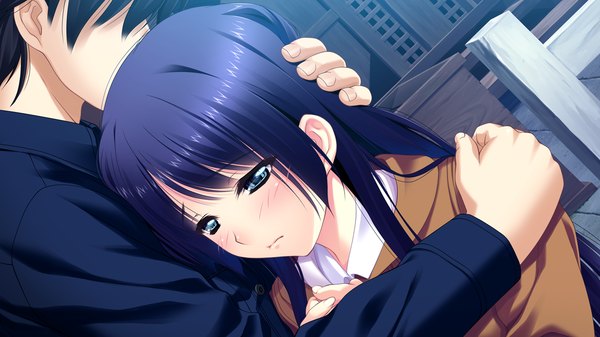 Anime picture 1280x720 with koi mekuri clover sakanoue mikana amasaka takashi long hair blush blue eyes wide image blue hair game cg hug girl boy