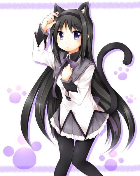 Anime picture 1000x1250 with mahou shoujo madoka magica shaft (studio) akemi homura hazuki (sutasuta) single long hair tall image blue eyes black hair animal ears cat ears cat girl cat tail girl dress hairband