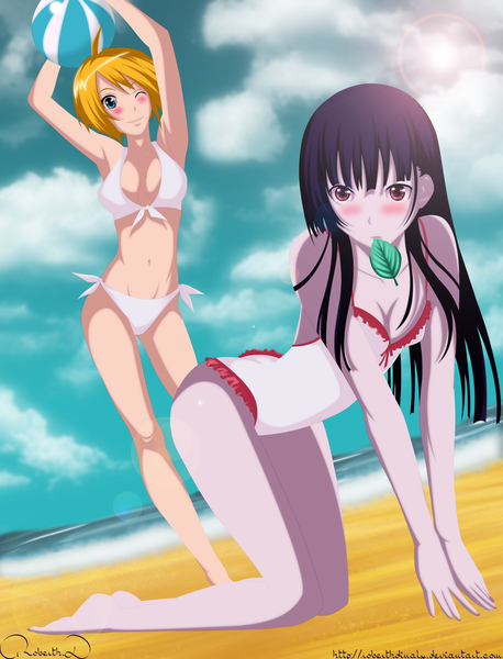 Anime picture 1600x2095 with sankarea studio deen sanka rea saouji ranko dartroberth long hair tall image blush short hair blue eyes light erotic black hair blonde hair red eyes multiple girls one eye closed wink beach mouth hold coloring