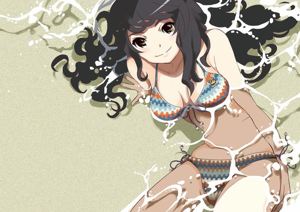 Anime-Bild 1190x842 mit original otoufu single long hair black hair yellow eyes girl swimsuit bikini striped bikini