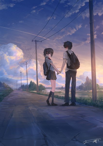 Anime picture 850x1200 with original you shimizu long hair tall image looking at viewer blush fringe short hair black hair hair between eyes standing signed sky cloud (clouds) full body outdoors ponytail pleated skirt looking back from behind