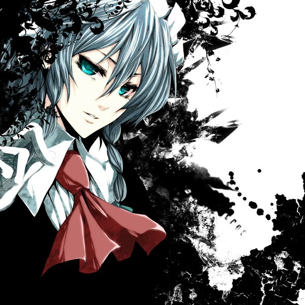 Anime picture 1000x1000 with touhou izayoi sakuya pizaya single long hair looking at viewer green eyes braid (braids) grey hair maid single braid girl gloves frills headdress maid headdress hand