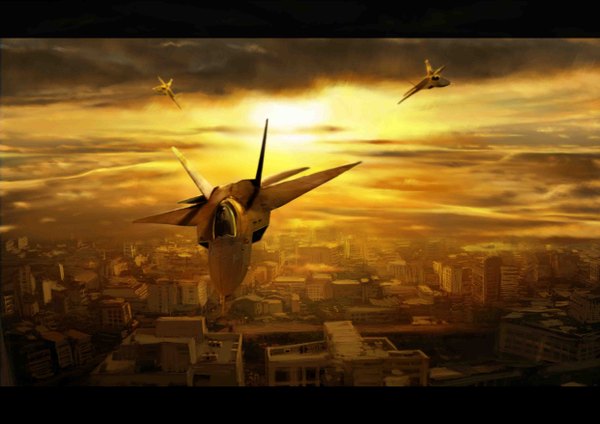 Anime picture 4961x3508 with original juansan (artist) highres absurdres sky cloud (clouds) city evening sunset flying panorama aircraft airplane jet