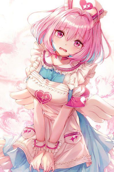 Anime picture 1500x2262 with idolmaster idolmaster cinderella girls yumemi riamu ttosom single tall image looking at viewer blush fringe short hair open mouth simple background hair between eyes standing pink hair ahoge head tilt pink eyes multicolored hair from above