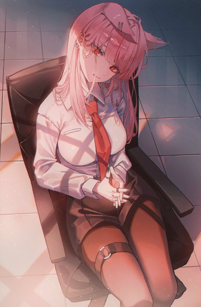 Anime picture 3931x6000 with original domi (hyaku8795) single long hair tall image looking at viewer fringe highres red eyes sitting animal ears pink hair absurdres blunt bangs nail polish head tilt from above black nail polish extra ears interlocked fingers