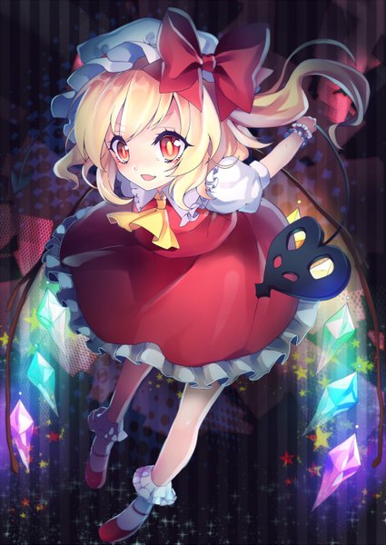 Anime picture 990x1399 with touhou flandre scarlet kyouda suzuka single tall image blush short hair open mouth blonde hair red eyes looking away from above one side up girl bow weapon wings bonnet crystal laevatein (touhou)