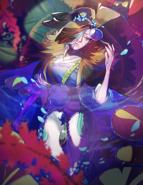 Anime picture 3200x4133 with onmyoji ame onna ilabarattolo (artist) single long hair tall image fringe highres brown hair brown eyes looking away absurdres hair over one eye tears partially submerged rain sad ophelia's pose girl flower (flowers)