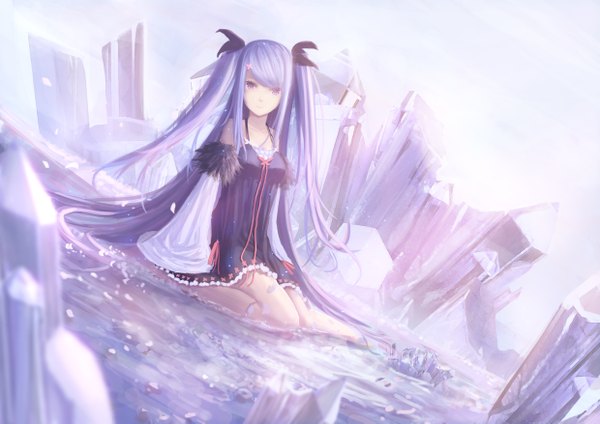 Anime picture 2480x1754 with original tenko single looking at viewer highres purple eyes blue hair very long hair girl dress detached sleeves petals crystal
