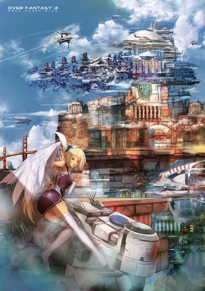 Anime picture 1300x1839 with original x x (artist) long hair tall image blonde hair brown eyes sky cloud (clouds) inscription zettai ryouiki smoke flying angel wings fantasy angel girl dress wings building (buildings) thigh boots