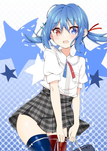 Anime-Bild 681x964 mit original rinto0716 single tall image looking at viewer blush fringe short hair open mouth hair between eyes twintails holding payot blue hair looking away :o embarrassed zettai ryouiki heterochromia plaid skirt