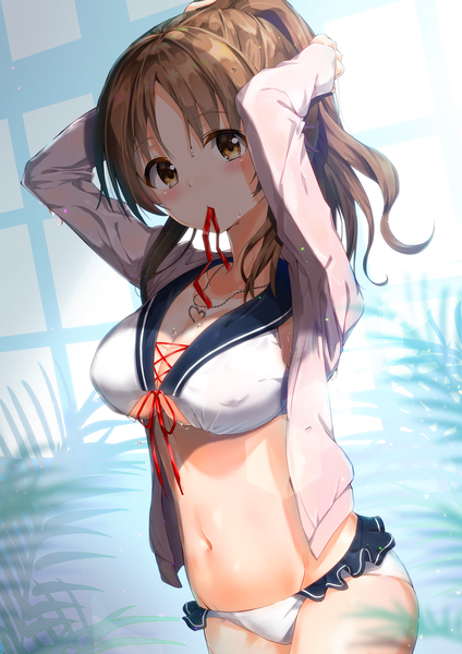 Anime picture 1240x1754 with idolmaster idolmaster cinderella girls totoki airi kuria (clear trip second) single long hair tall image looking at viewer blush fringe breasts light erotic brown hair standing holding brown eyes cleavage open jacket wet mouth hold
