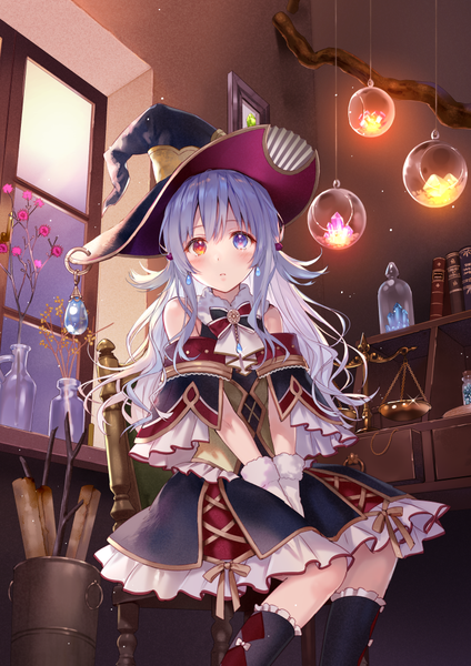 Anime picture 740x1047 with original fukahire (ruinon) single long hair tall image looking at viewer blush fringe blue eyes hair between eyes red eyes sitting silver hair indoors parted lips heterochromia between legs witch girl dress