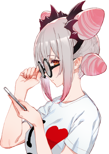 Anime picture 1417x2000 with virtual youtuber honey strap suou patra ac (eshi) single tall image looking at viewer blush fringe short hair red eyes holding payot silver hair upper body profile pointy ears hair bun (hair buns) alternate costume gradient hair