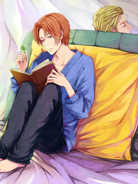 Anime picture 1412x1879 with axis powers hetalia studio deen germany (hetalia) north italy (hetalia) zxs1103 tall image short hair blonde hair brown hair brown eyes eyes closed no shoes sleeping pillow book (books) sweater clover (plant)